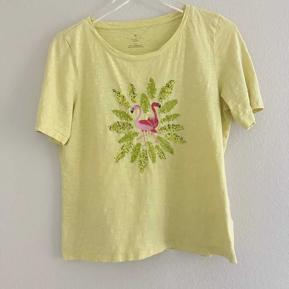 Talbots Flamingo Sequin T-Shirt Womens LP Yellow Embroidered Slub Cotton Top